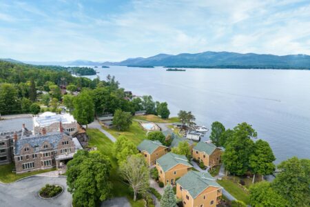 An aerial view of Erlowest Lodging alongside Lake George