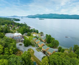 Aerial view of Erlowest, a Lake George resort.