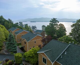 An aerial view of Erlowest Lodging alongside Lake George