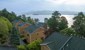 An aerial view of Erlowest Lodging alongside Lake George