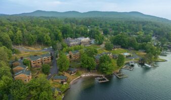 An aerial view of the Erlowest on Lake George.