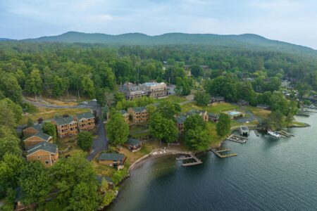 An aerial view of the Erlowest on Lake George.