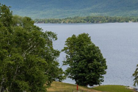 View of an outdoor pool set amidst lush parkland, overlooking stunning Lake George and mountains