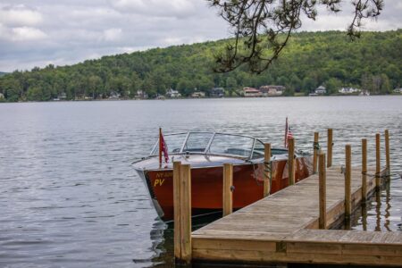A docked boat at a Lake George resort.