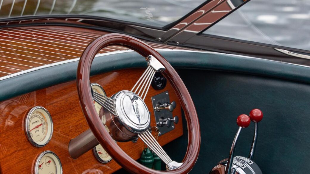 A wooden steering wheel found at a Lake George resort.