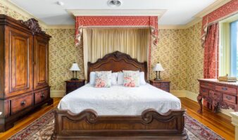 A Lake George hotel room equipped with a comfortable bed and a dresser.