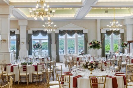 A wedding reception set up in a large ballroom at the Lake George resort.