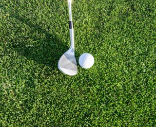 A golf club and ball on manicured grass