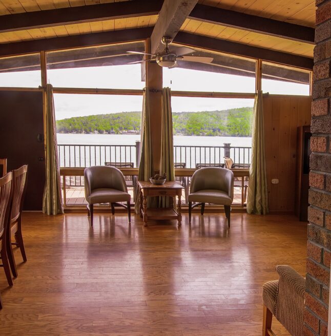 Rustic cabin living room with Lake George view