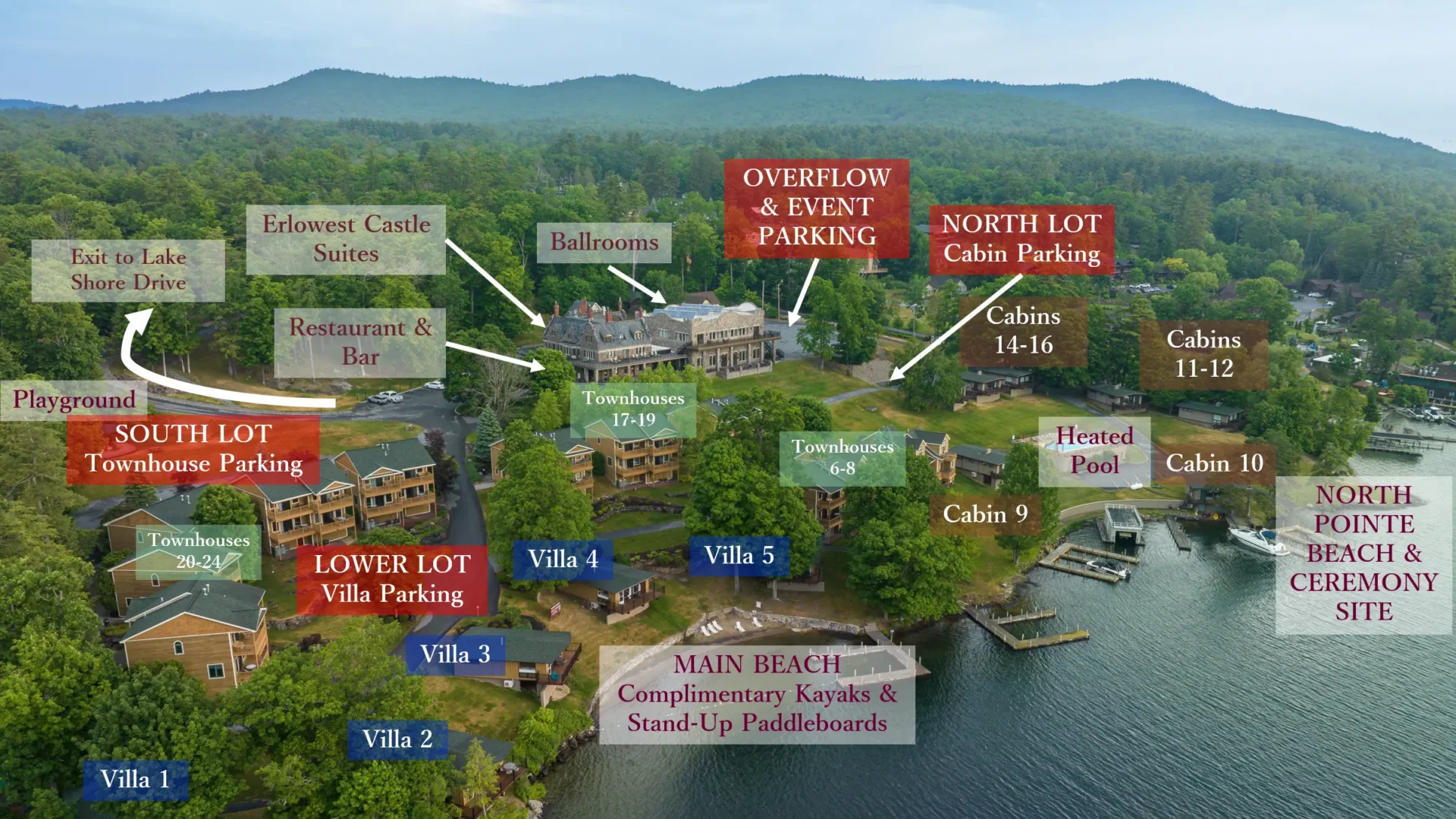 Aerial view of a lakeside resort with a detailed Property Map showing labeled parking lots, villas, cabins, pool, playground, restaurant, and main beach with complimentary kayaks and paddleboards.
