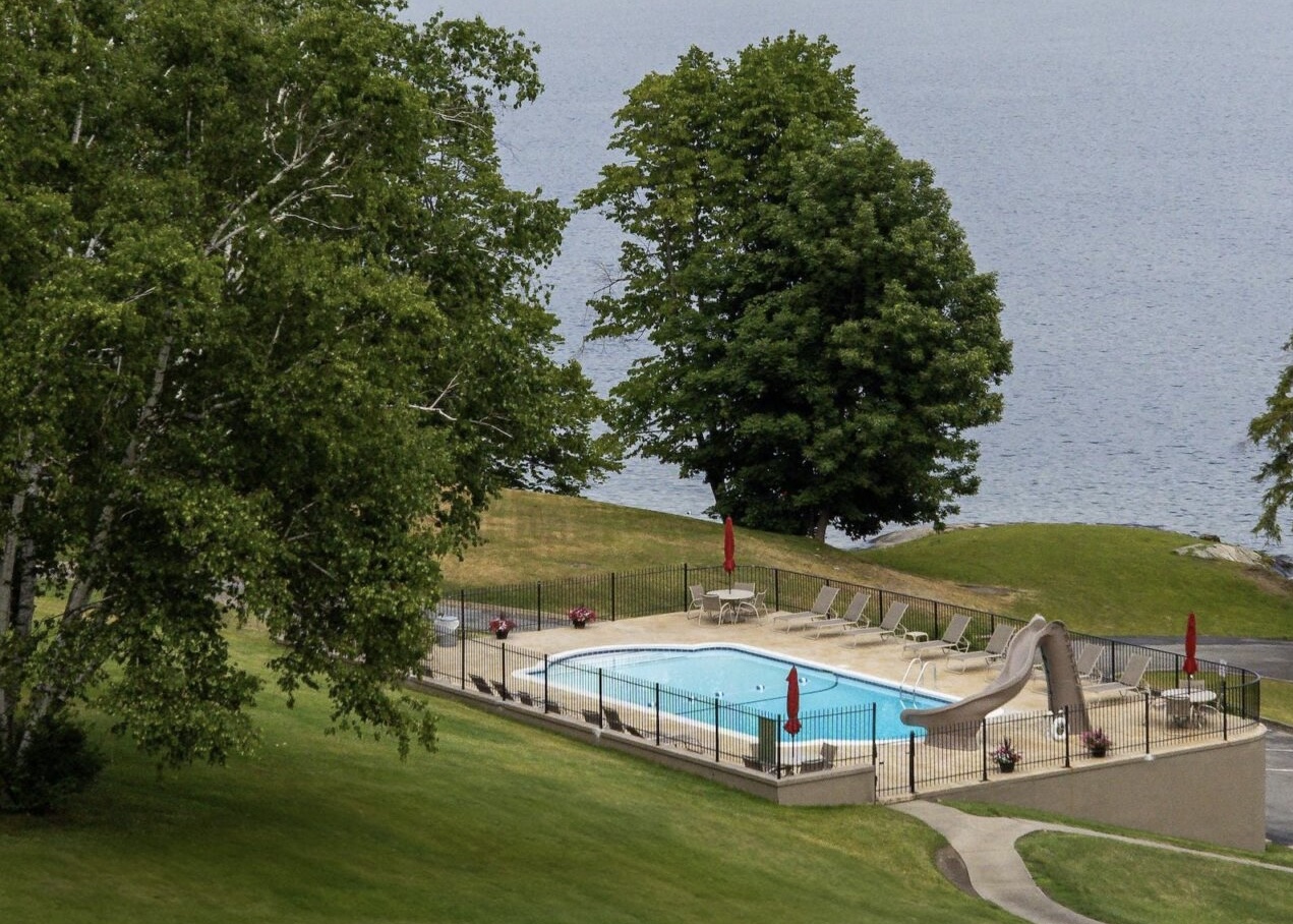 Pool area by the lake surrounded by nature and trees